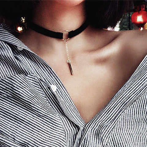 Black Leather Gold Choker Necklace