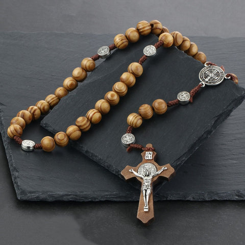 Round Saint Benedict Medal Antique Wooden Rosary Necklace
