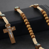 Round Saint Benedict Medal Antique Wooden Rosary Necklace