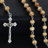 Round Saint Benedict Medal Antique Wooden Rosary Necklace