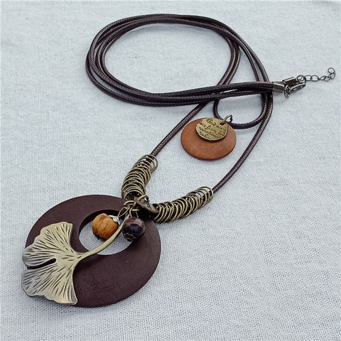 Vintage Long Handmade Leather Alloy Necklace
