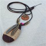Vintage Long Handmade Leather Alloy Necklace
