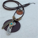 Vintage Long Handmade Leather Alloy Necklace