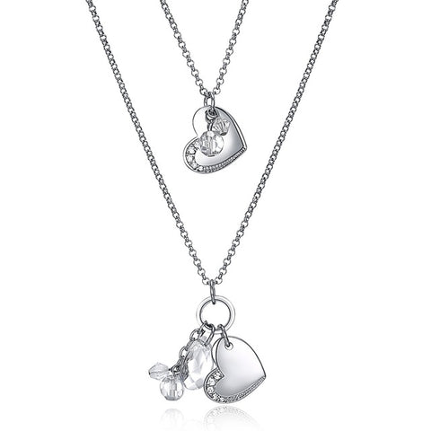 Double Layers  Twins Hearts Crystals Necklace